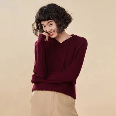 Autumn and winter new women's sweater 100% pure cashmere knitted hooded collar pullover soft solid color hot selling women's top
