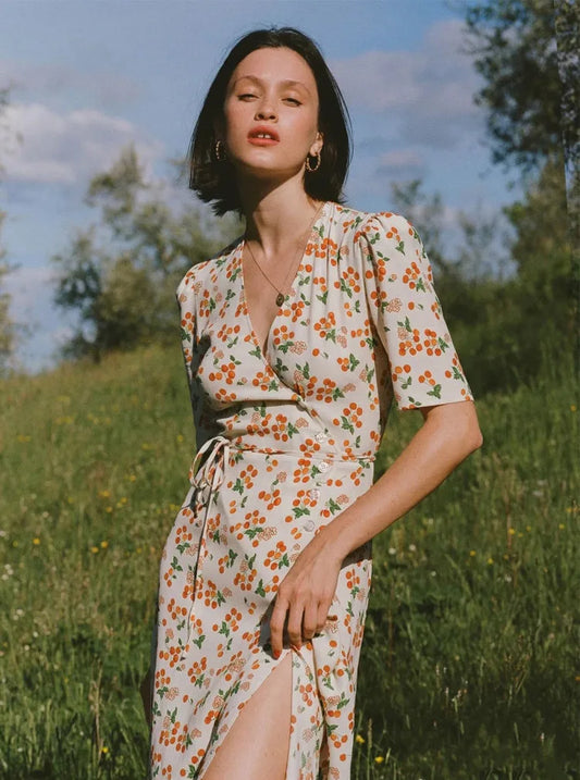 Summer Sweetheart Small Fresh Retro Cherry Print Short-sleeved Wrap Dress, One-piece Coffee Break Dress Tea-break Dress