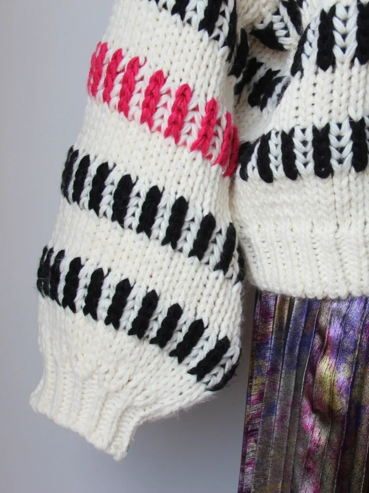 Women Multi Color Striped Thick Casual Round-neck Sweater 2024 Winter Niche Design Chunky Jumper Knit Top