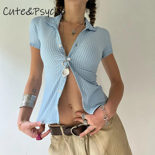 Cuteandpsycho Streetwear Button Up Tee Shirts Striped Print Short Sleeves Women's Clothings Fashion Y2K Cute Harajuku Y2K Tops