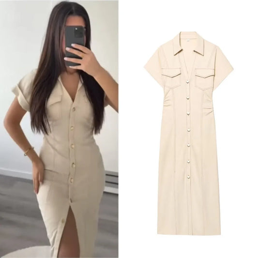 ETJ 2025 summer new TRAF women's elegant fashion waist pleated V-neck short-sleeved temperament denim MIDI dress