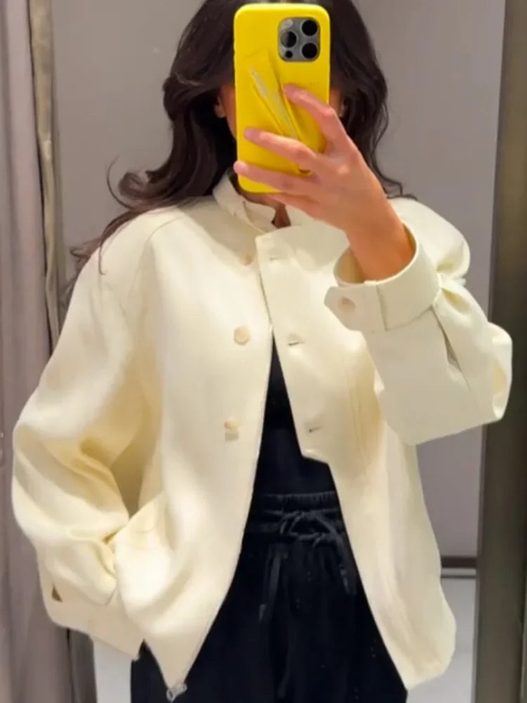 White Lapel Single Breasted Jacket Women Casual Full Sleeve Pocket Short Coats Wide Led Pant Lady Autumn Highstreet Outerwear