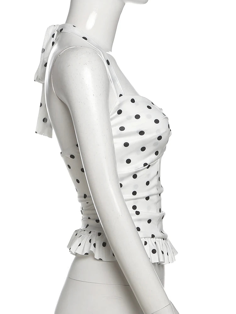 Weird Puss Polka Dot Print Top Women Halter Low-Neck Bandage Ruffles Backless Sleeveless Skinny Summer Trend Street Basic Vest