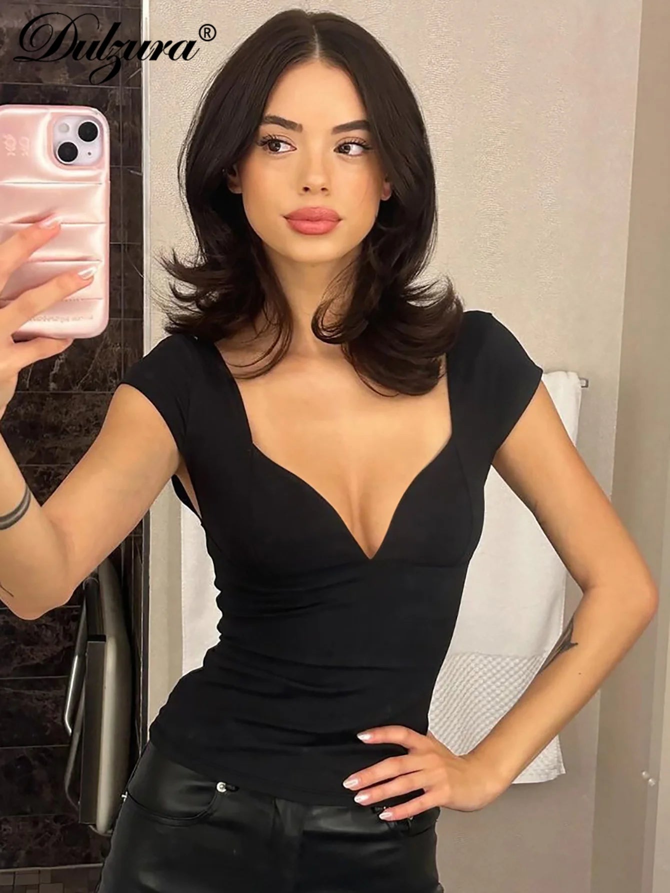 Dulzura Square Collar Short Sleeves Bodycon T-Shirts Women’S Solid Sexy Elegant Y2K Top Party Clubwear Street Summer Outfit
