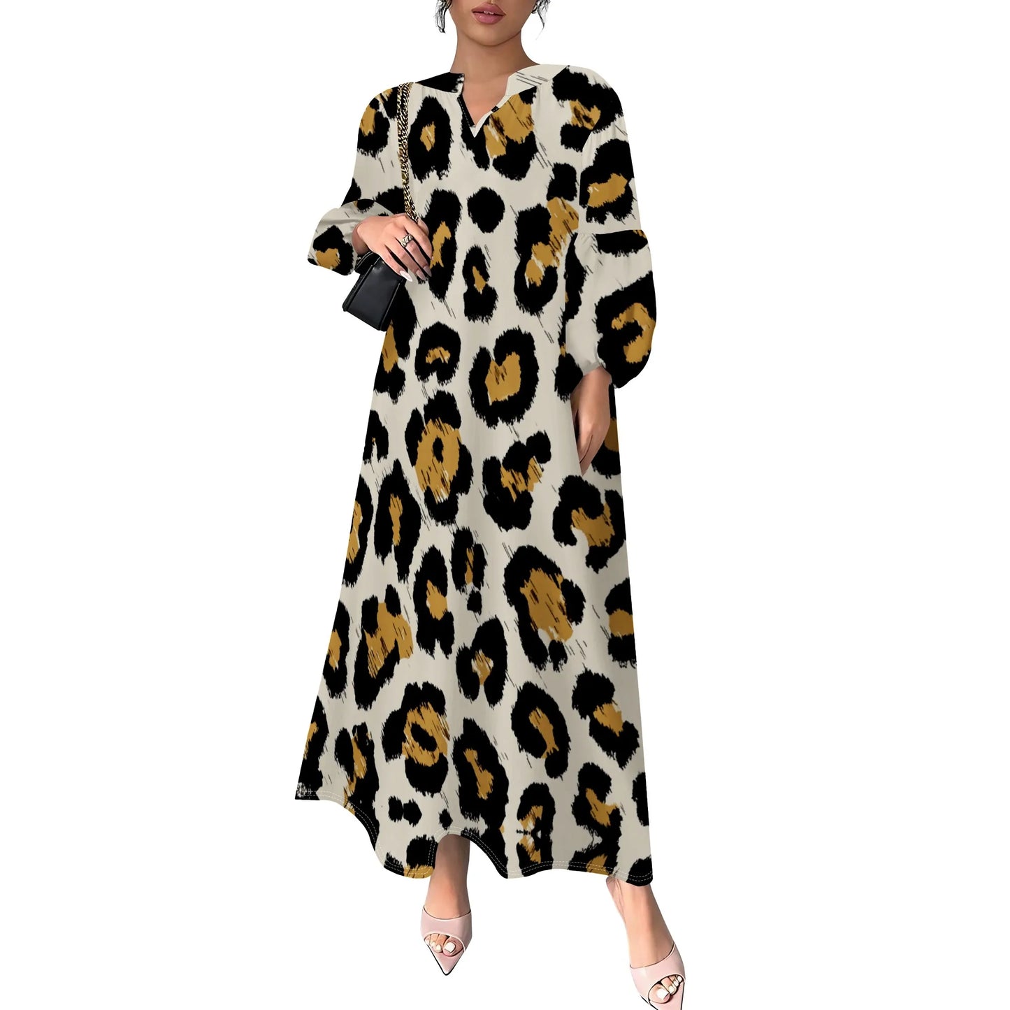Plus Size Blue Abstract Print Long Dress for Women – Casual & Chic, Perfect for Spring Outings, Available in XS-3XL