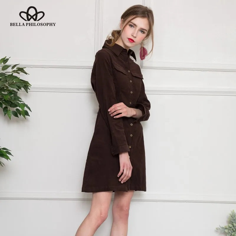 Bella Philosophy Autumn Winter Solid Corduroy Cotton Slim Women Long Shirt Dress Women Button Casual Ladies Vestidos