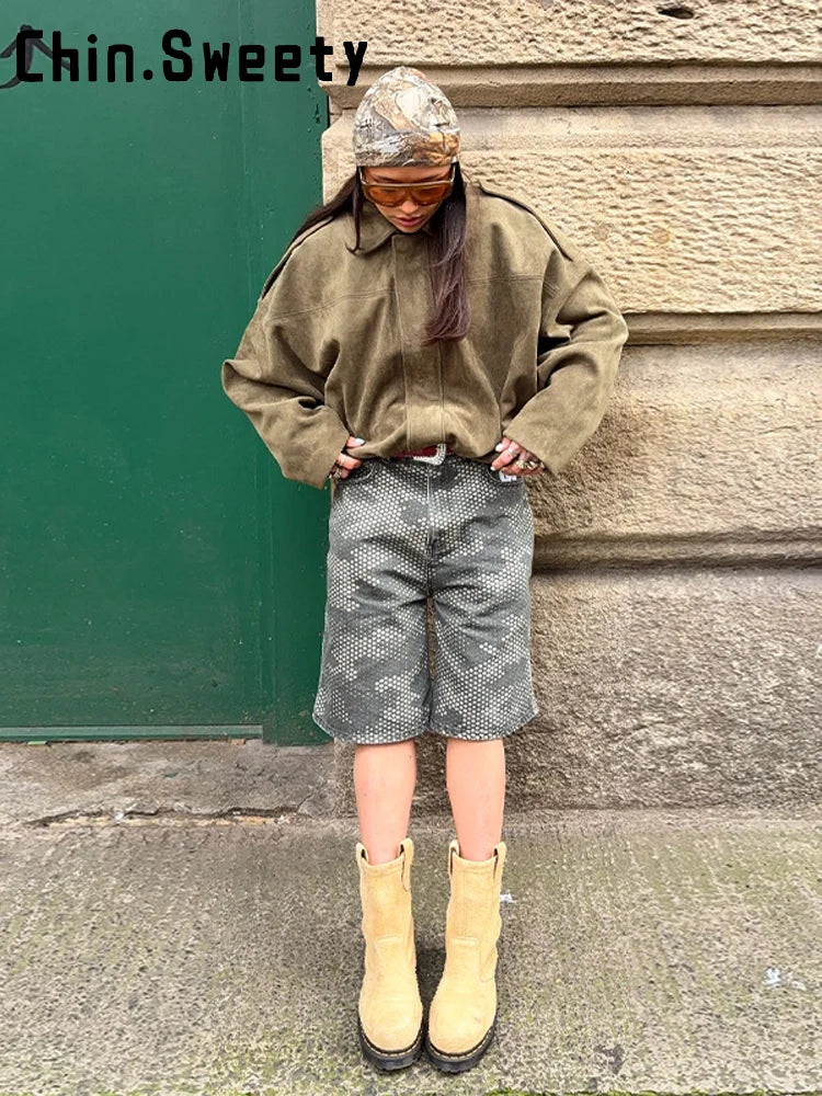 Street Fashion Women's Short Suede Jacket Loose Green Lapel Zipper Long Sleeve Bomber Coat 2025 Autumn Winter New Lady Outwears