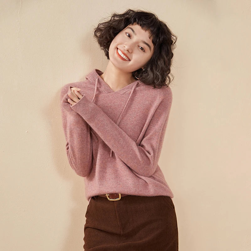 Autumn and winter new women's sweater 100% pure cashmere knitted hooded collar pullover soft solid color hot selling women's top