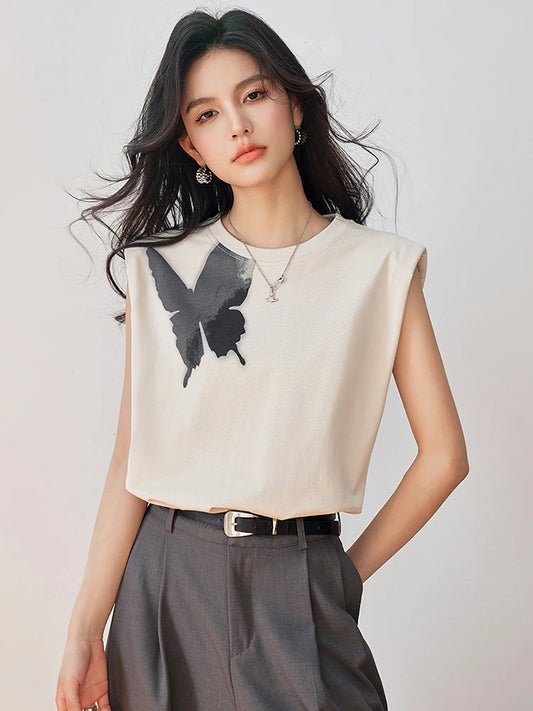 Butterfly Print T Shirt Y2k Harajuku High Street Fashion Casual Women T-shirt Summer New Sleeveless Top Tees Clothes