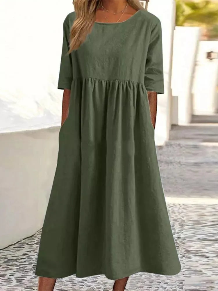 Summer New Cotton and Linen Casual Short Sleeve Pocket Fold Loose Round Neck Women's Dress 300