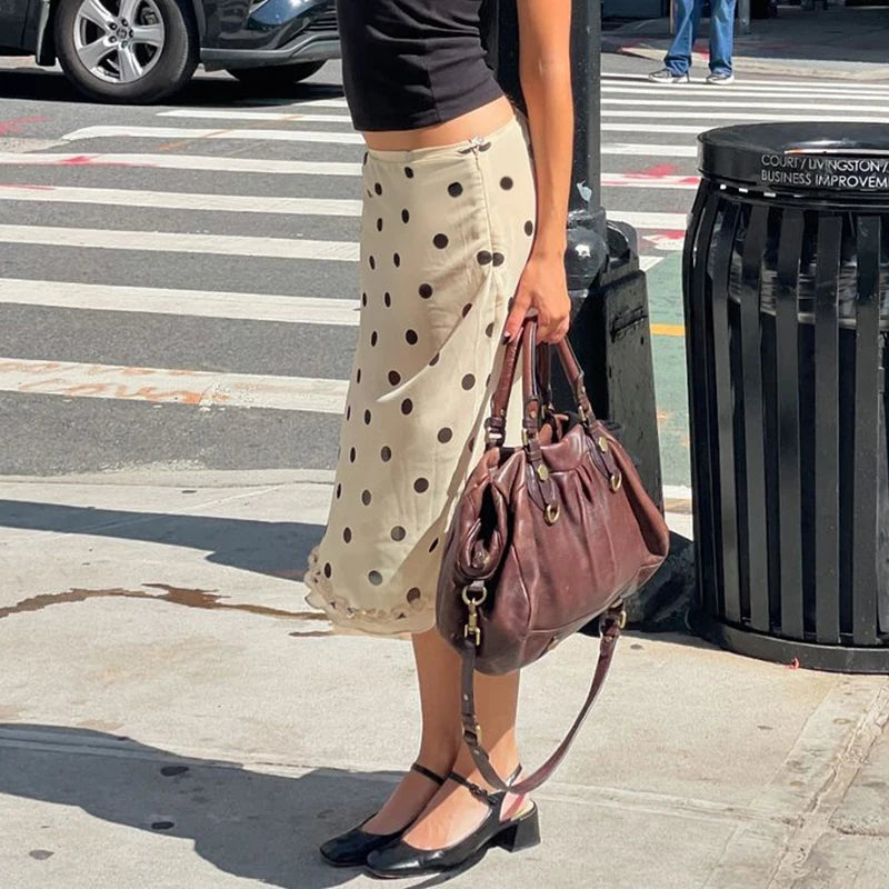 BIIKPIIK Casual Women Polka Dot Skirts Lettuce Trim Beige Elegant Midi Skirts Streetwear Simple All-match Bottom Clothing Spring