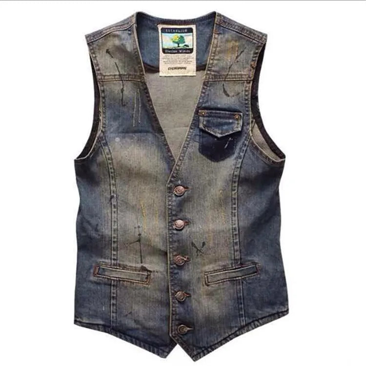 6XL Plus size new Spring/Fall Vintage design Men's denim vest Men's High quality sleeveless jacket Men's ripped jeans vest