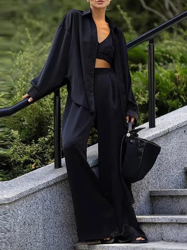 Syiwidii Outfit Fashion Long Sleeve Shirts 2025 New Summer Lady Sexy Loose Silk 3 Piece Sets Women High Waist Wide Pants Sets