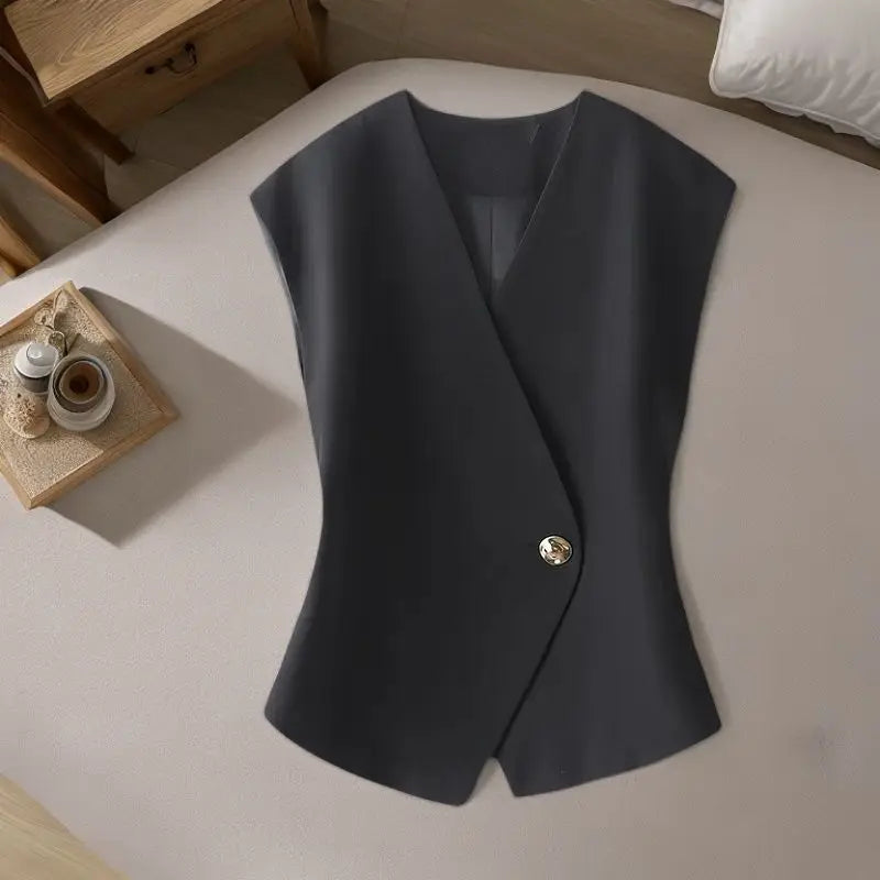 Women's High-end Solid Color V-neck Lining Suit Vest Coat Spring Autumn Slim Versatile Sleeveless Irregular Short Waistcoat