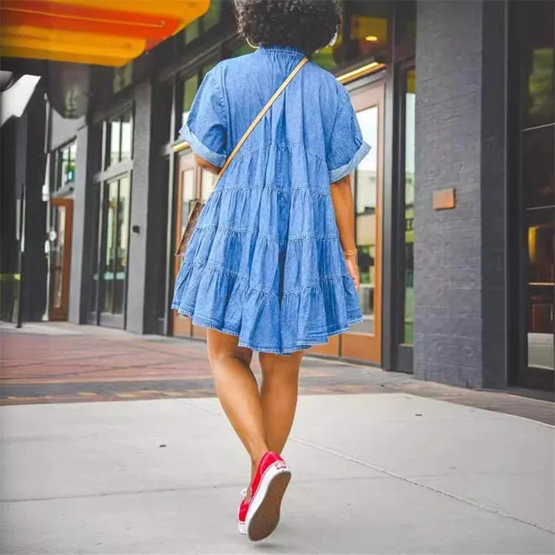 Women Loose High Waist Denim Dresses Fashion Folded Short Sleeve Dress Female Casual Single-breasted Cardigan Mid-length Gown 24