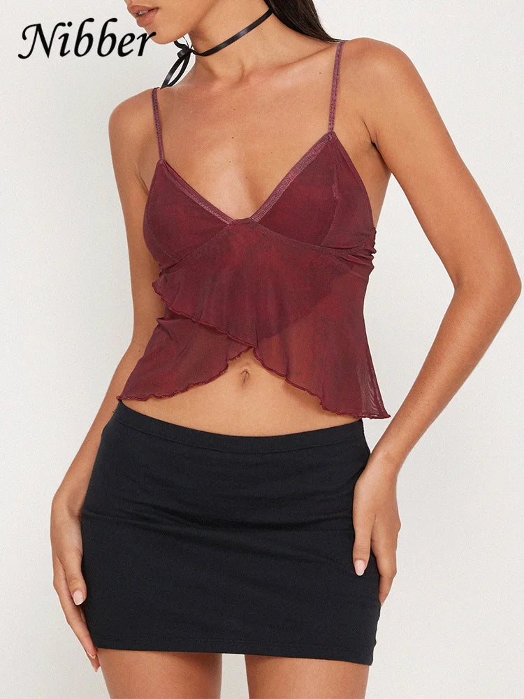 Nibber Mesh See Through Printed Vest Women Sexy Casual V-neck Sleeveless Suspender Camisole Patchwork Tank Top Streetwear
