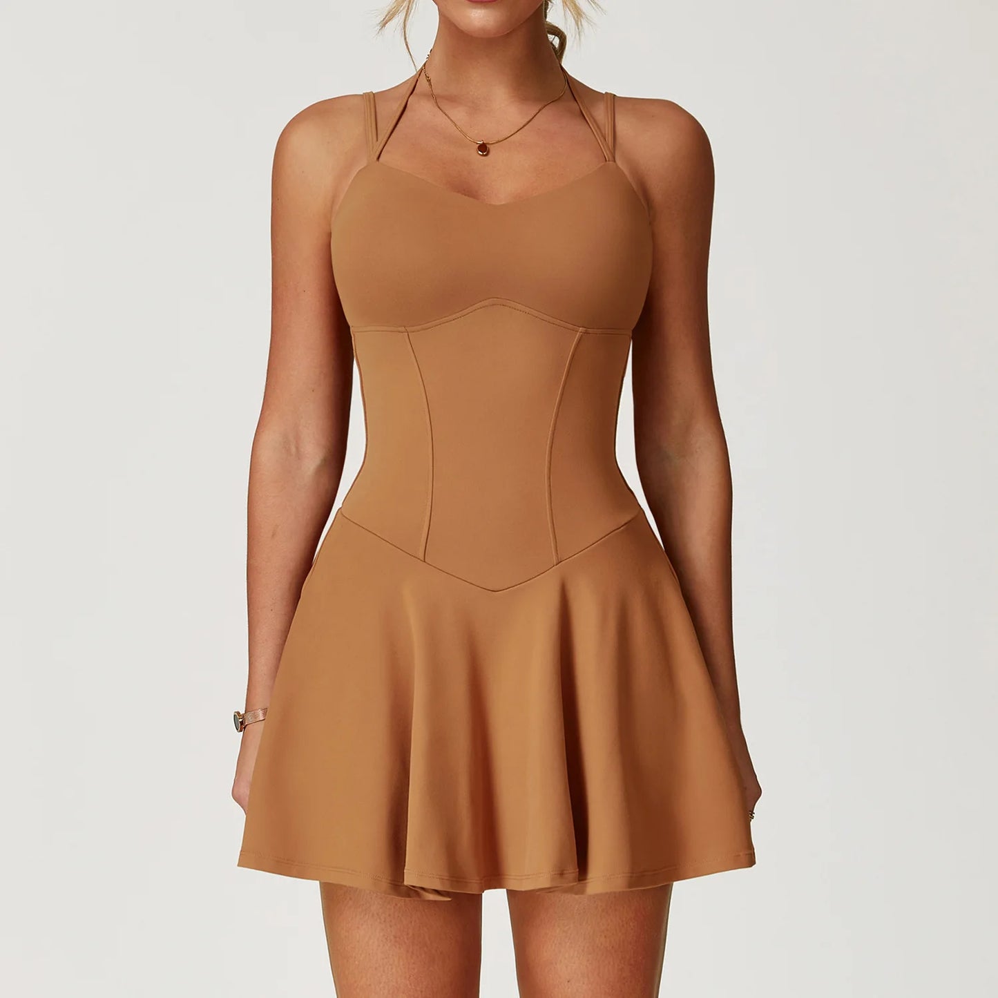 Sexy Backless Tennis Bodycon Dress with Shorts Pocket Women Sportwear One Piece Gym Set Sleeveless Yoga Fitness Mini Dress Black