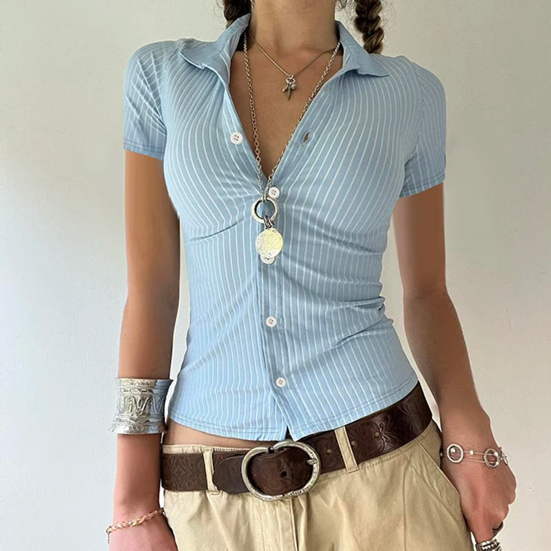 Cuteandpsycho Streetwear Button Up Tee Shirts Striped Print Short Sleeves Women's Clothings Fashion Y2K Cute Harajuku Y2K Tops