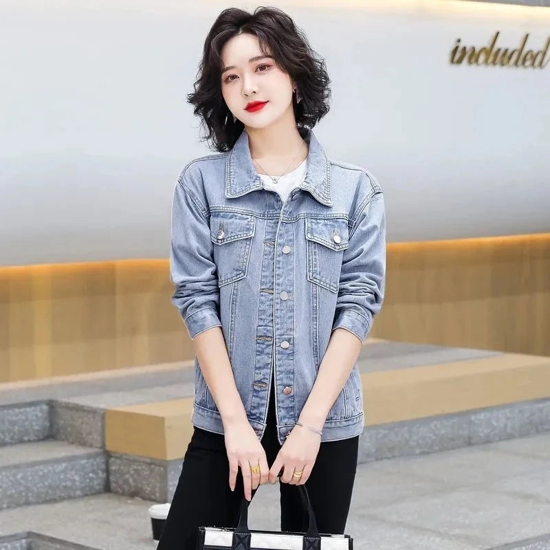 2025 Spring Autumn New Single-breasted Womens Denim Jacket Coat Loose Long Sleeve Tops Casual Jean Coats Female Outerwear