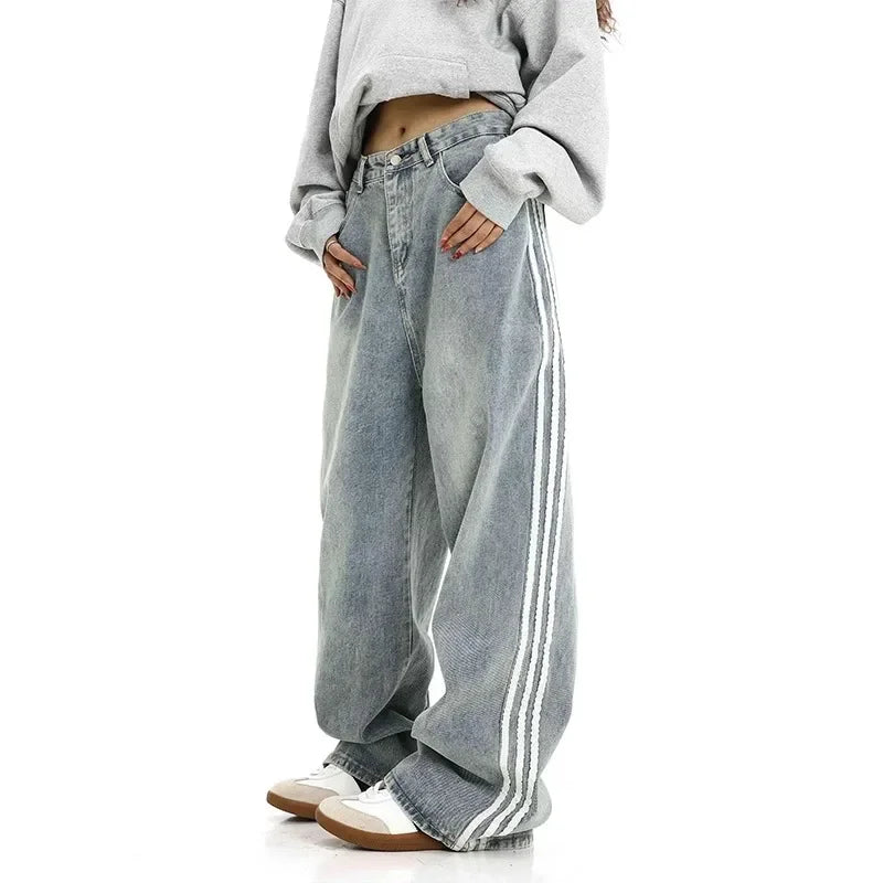 American Style Retro Striped Loose Fit Low Waist Slimming Long Jeans Women High Street Drag Floor Length Trendy Denim Pants