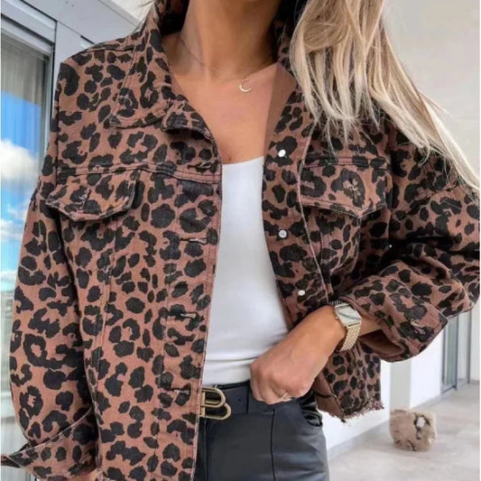 Washed Vintage Leopard Print Distressed Denim Jacket Women's Cross-Border Fashion Outerwear Loose Fit Casual Style