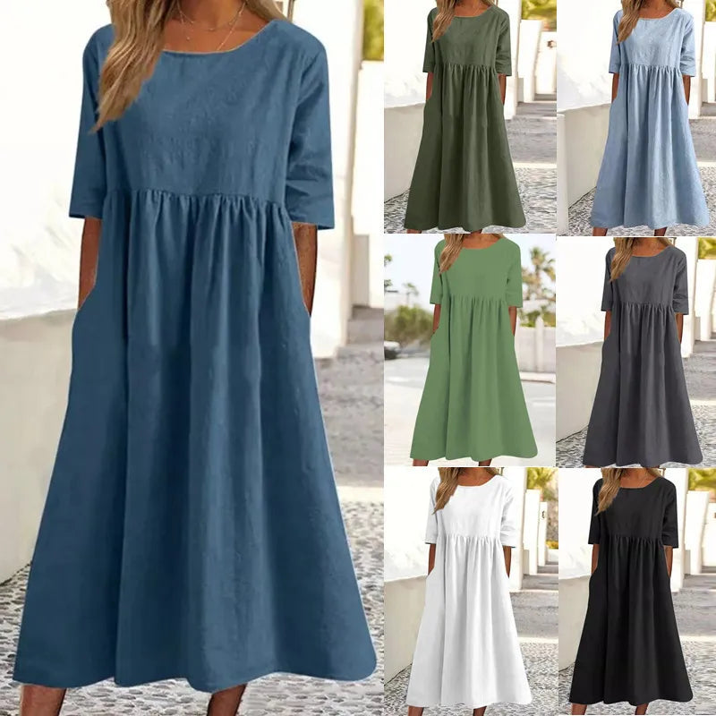 Summer New Cotton and Linen Casual Short Sleeve Pocket Fold Loose Round Neck Women's Dress 300