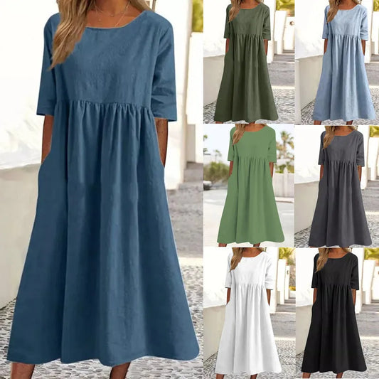Summer New Cotton and Linen Casual Short Sleeve Pocket Fold Loose Round Neck Women's Dress 300
