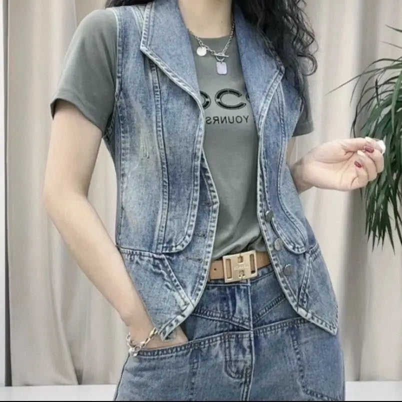 Women's Jacket Spring And Autumn 2025 New Fashion Sleeveless Versatile Ladies Denim Vest Coat Short Elegant Female Tank Top