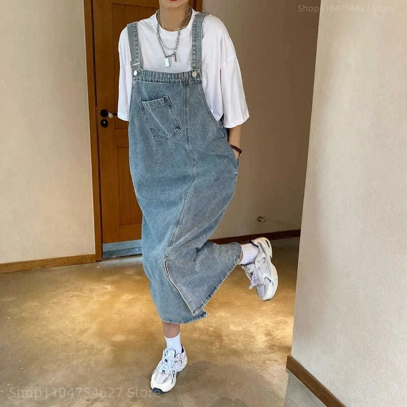 Women Denim Overall Dress Irregular Chest Pocket Side Split Fashion Sleeveless Jeans Dress Spaghetti Strap Dresses Jumper Dress