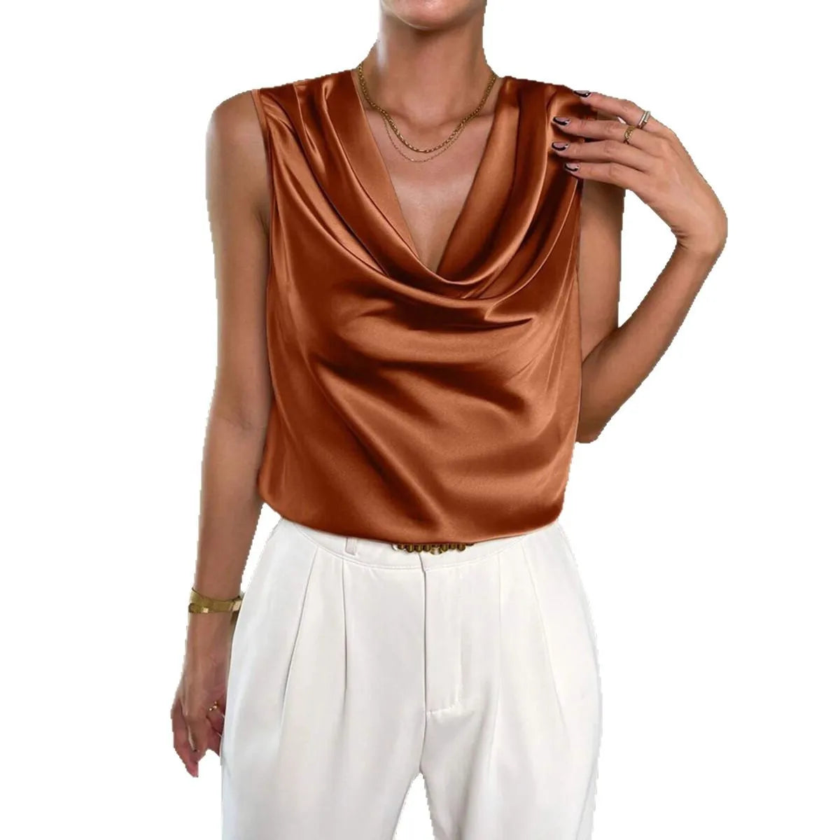 Women's Satin Sleeveless Top - V-Draped Neckline Shirt-Style Blouse with Cascading Ruffles, Elegant silk tank top sleeveless