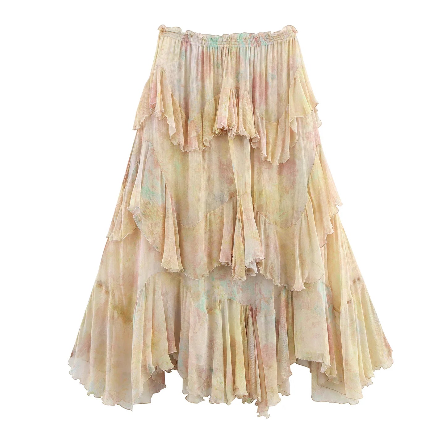 ZBZA Women's Fairy Print Ruffled Skirt Simple Solid Elastic Waist Pleated A-line Long Skirts Fashion Summer Versatile Skirts