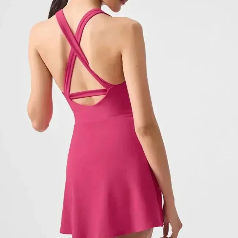 Sexy Backless Tennis Sports Dresses Fitness Halter Dresses With Bra Pads