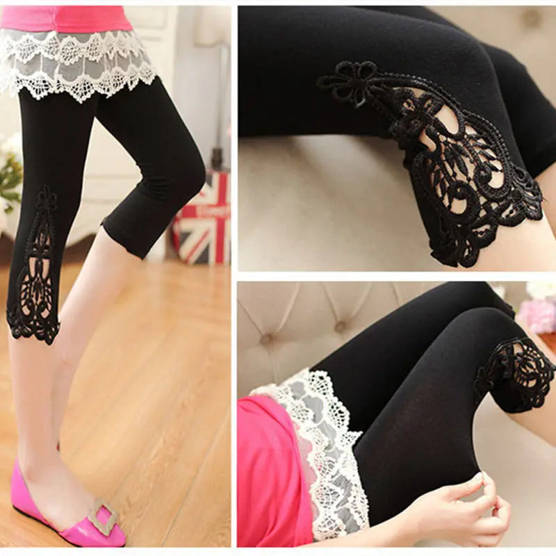 Women Summer Hollow Lace Stretch Leggings Sports Fitness Skinny Pants Crop 3/4 Length Leggings Capris Cropped Modal Pant