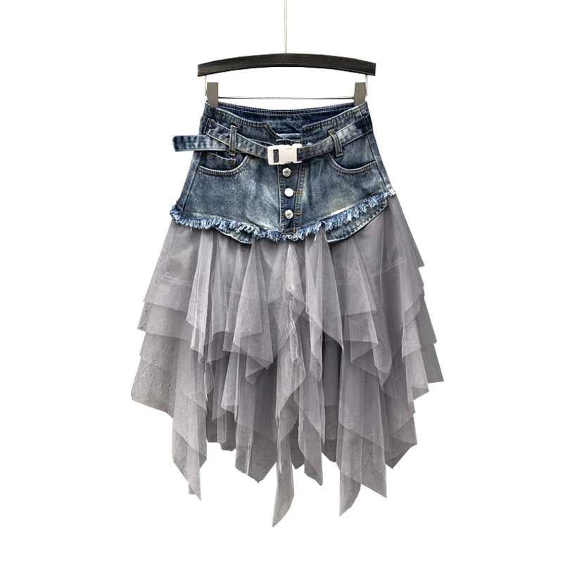 Korean Version Mesh Spliced Denim Skirt For Women's Summer High Waisted Mid Length Beach Skirt Slim Fit Versatile Denim Skirt