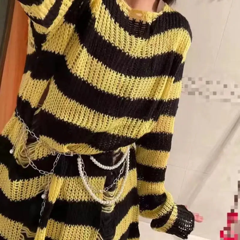New Punk Gothic Long Unisex Sweater Summer Women Striped Cool Hollow Out Hole Broken Jumper Loose Rock Thin Dark Streetwear Top