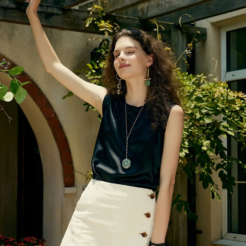 Heavy Silk Top Women's Spring and Summer Inner Base Black and White Crop Top Mulberry Silk Loose Sleeveless Shirt silk satin top