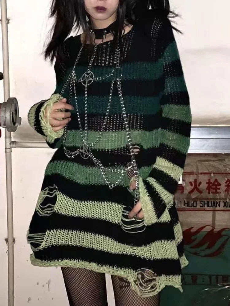 New Autumn Punk Gothic Long Unisex Sweater Women Striped Cool Hollow Out Hole Broken Jumper Loose Rock Thin Dark Streetwear Top