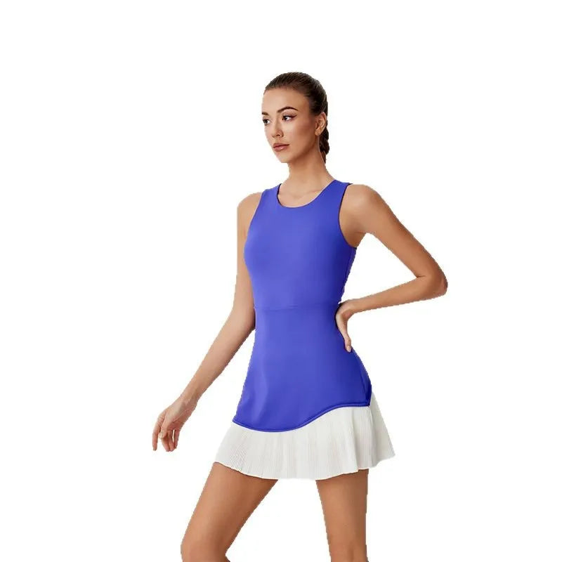 Summer Sports Dress Pleated Hem Quick Dry Feather Tennis Dress Hollow Out Beauty Back One-piece Yoga Wear