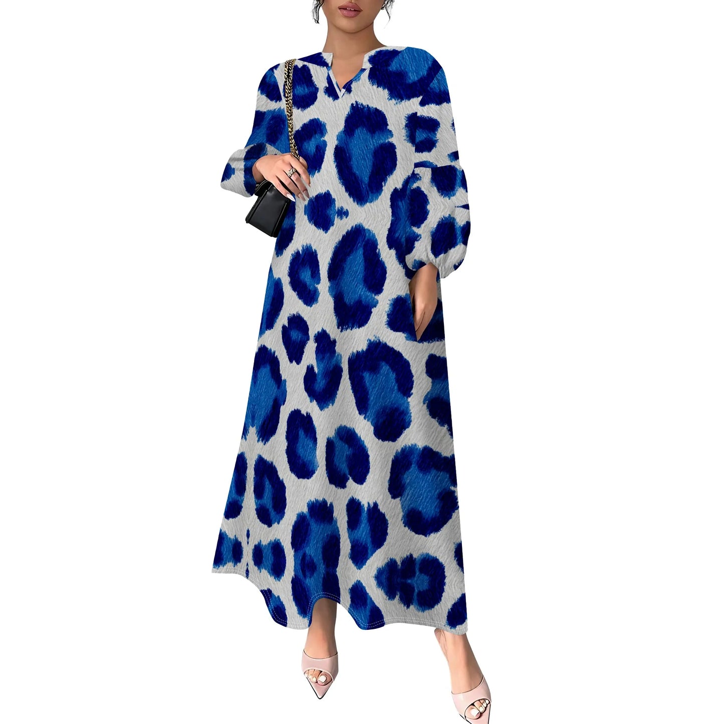 Plus Size Blue Abstract Print Long Dress for Women – Casual & Chic, Perfect for Spring Outings, Available in XS-3XL