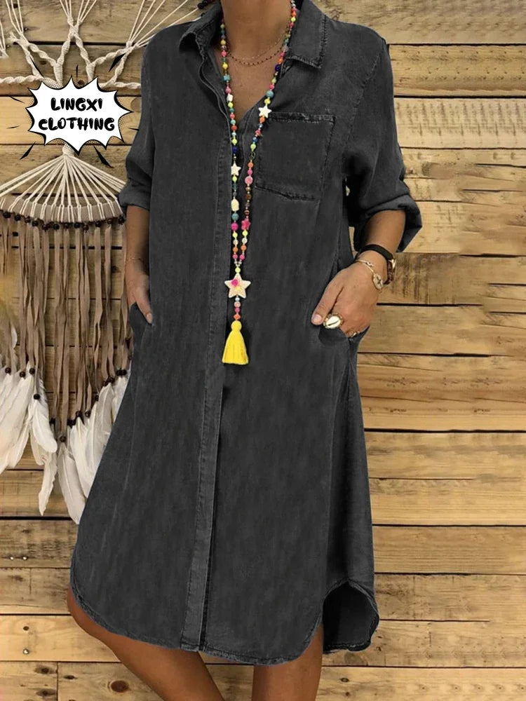 2024 Summer New Fashion Cowboy Women's Long Dress Elegant and Fashionable Retro Single breasted Long sleeved Dress Black Dress
