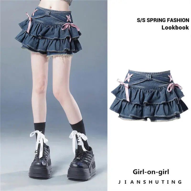 Blue Denim Pleated Skirt Bow Fold Design Women's A-line Short Skirt Built in Shorts American Spicy Girl Korean Fashion Hotsweet