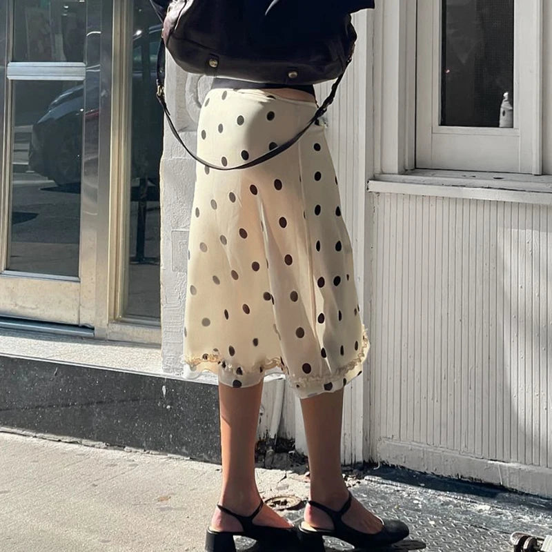 BIIKPIIK Casual Women Polka Dot Skirts Lettuce Trim Beige Elegant Midi Skirts Streetwear Simple All-match Bottom Clothing Spring