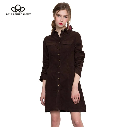 Bella Philosophy Autumn Winter Solid Corduroy Cotton Slim Women Long Shirt Dress Women Button Casual Ladies Vestidos