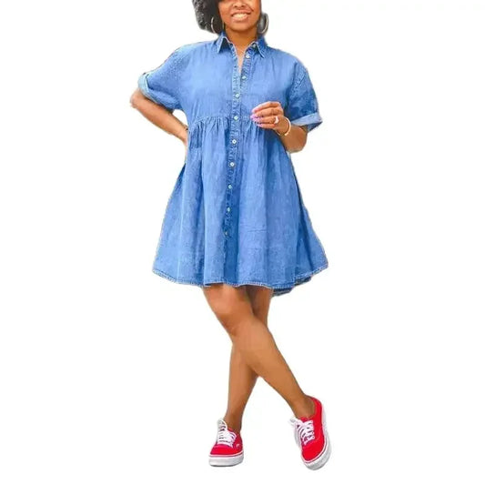 Women Loose High Waist Denim Dresses Fashion Folded Short Sleeve Dress Female Casual Single-breasted Cardigan Mid-length Gown 24