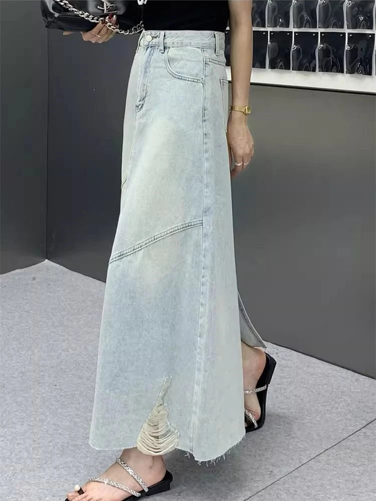Women's Vintage Ripped A-line Long Denim Skirt Cool Girl Vintage Fashion Summer Female Street Style Ankle-length Large Skirts
