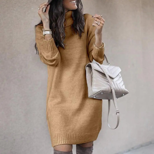 Women High Neck Knit Dress Casual Loose Warm Sweater Mini Dress Long Sleeved Solid Color Versatile Knee Length Skirt Plus Size