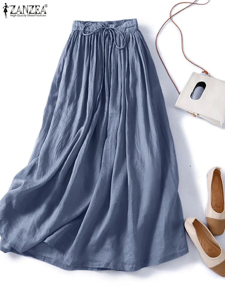ZANZEA Elegant Faldas Flowy A-line Pleated Skirt 2024 Casual Women Elastic Waist Skirts Party Loose High Waist Solid Maxi Skirt