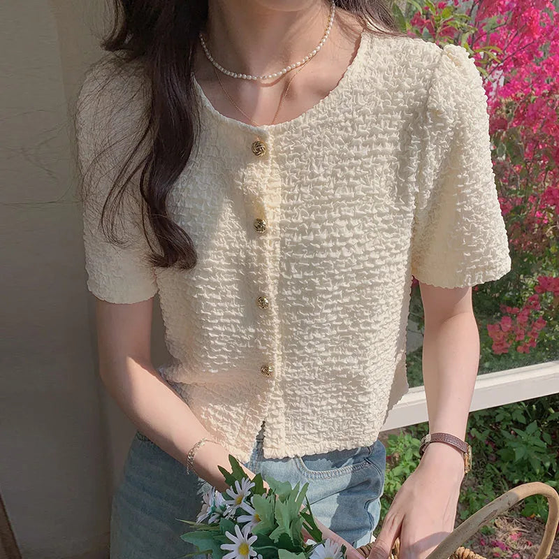 New Summer Short Sleeve O-Neck Women Shirt Sweet White Shirt Blouse Women Tops 2025 Blouses Shirts Blusas Para Mujer Blusa XL183