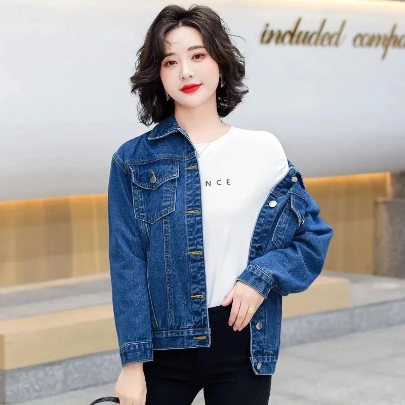 2025 Spring Autumn New Single-breasted Womens Denim Jacket Coat Loose Long Sleeve Tops Casual Jean Coats Female Outerwear