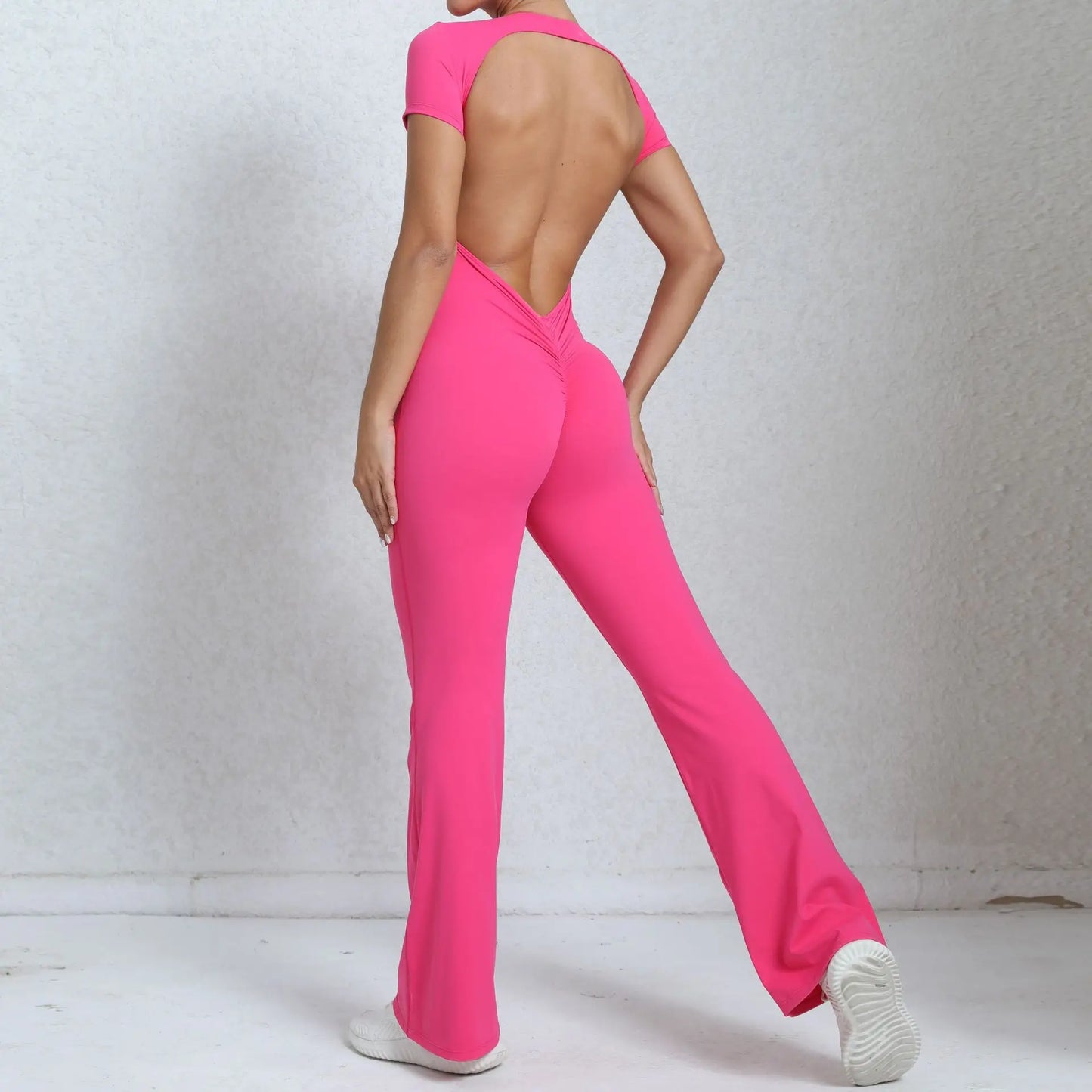 Women Short Sleeves Bodysuit Gym Set Yoga Clothes Suit Workout Jumpsuit Sport Set Women One-Piece Flared Pant Rompers Sportswear